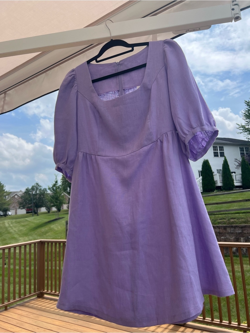 100% Linen Lilac Mini Dress with Puff Sleeves Aurora